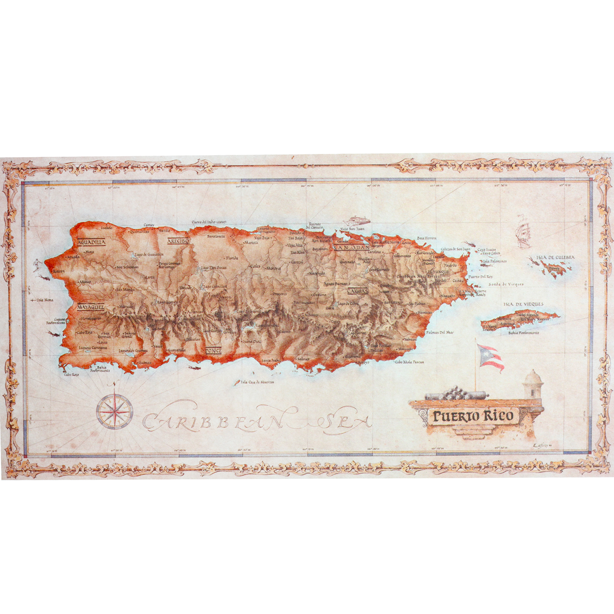 Antiqued Puerto Rico Island Map - Large