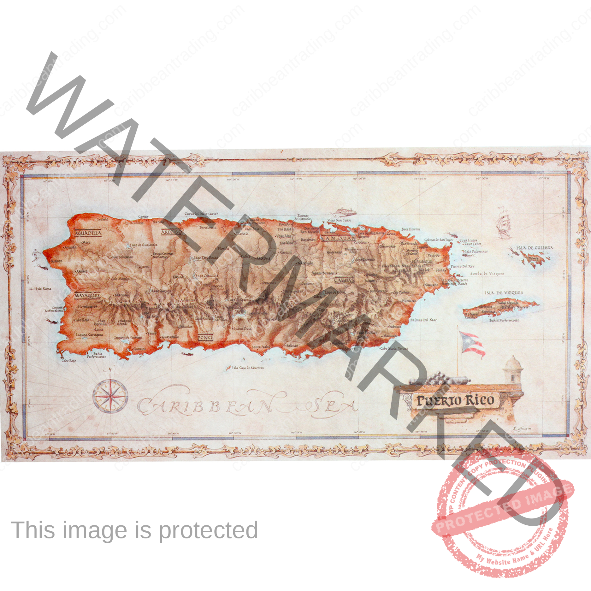Antiqued Puerto Rico Island Map - Large
