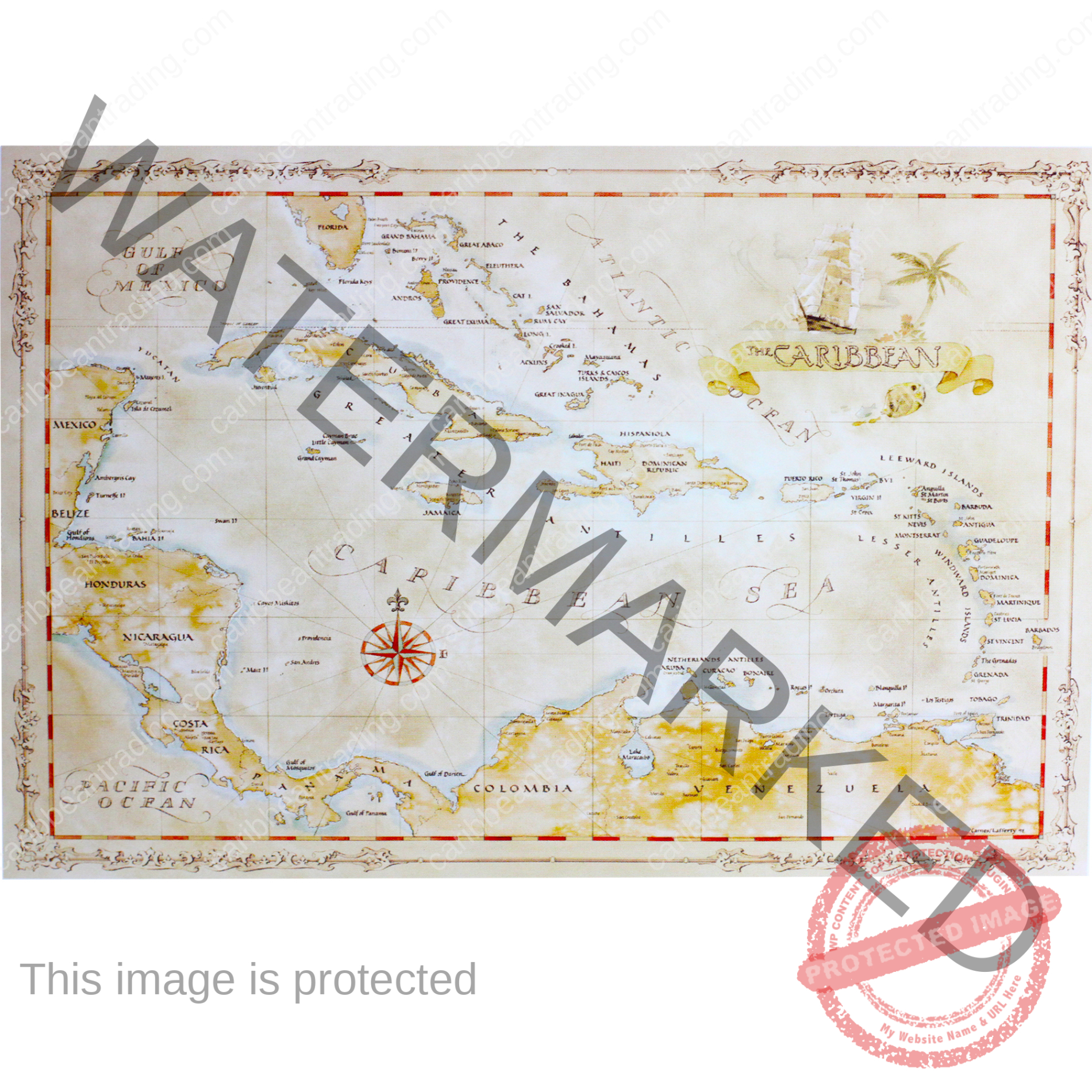 Antiqued Caribbean Map - Large